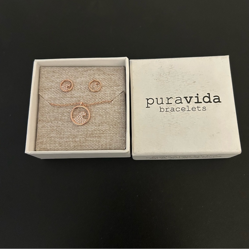 Pura Vida Pave Wave Necklace and Earring Set in Rose Gold NEW Boxed - Picture 2 of 5